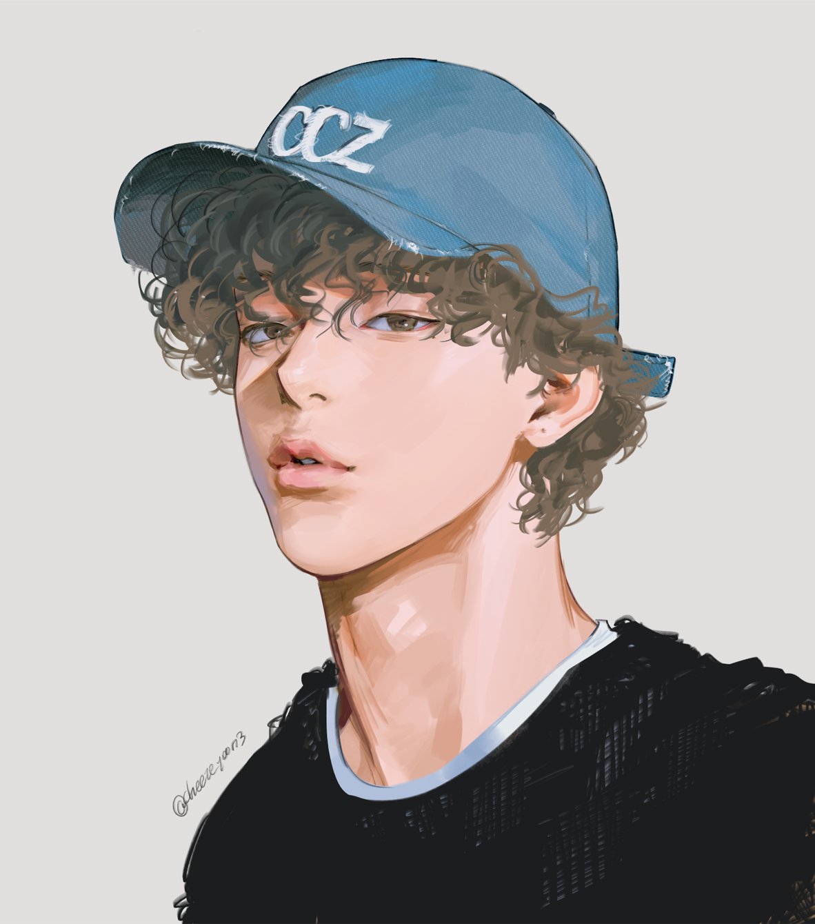 cheezeyoon3, original, commentary, highres, 1boy, black shirt, brown eyes, brown hair, cowboy shot, curly hair, grey background, lips, looking at viewer, male focus, nose, shirt, short hair, simple background, solo, twitter username, upper body