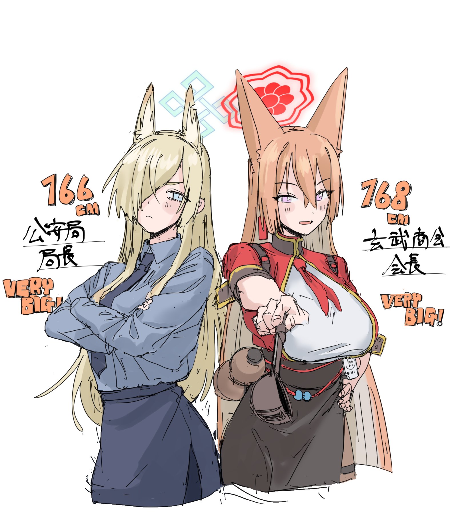 greentea2400, kanna (blue archive), rumi (blue archive), blue archive, highres, translation request, animal ear fluff, animal ears, blonde hair, blue eyes, blue halo, blush, breasts, brown hair, china dress, chinese clothes, crossed arms, crossed bangs, dog ears, dog girl, dress, english text, fox ears, fox girl, hair between eyes, hair over one eye, halo, height, ladle, large breasts, long hair, outstretched arm, purple eyes, red halo, sketch, trait connection