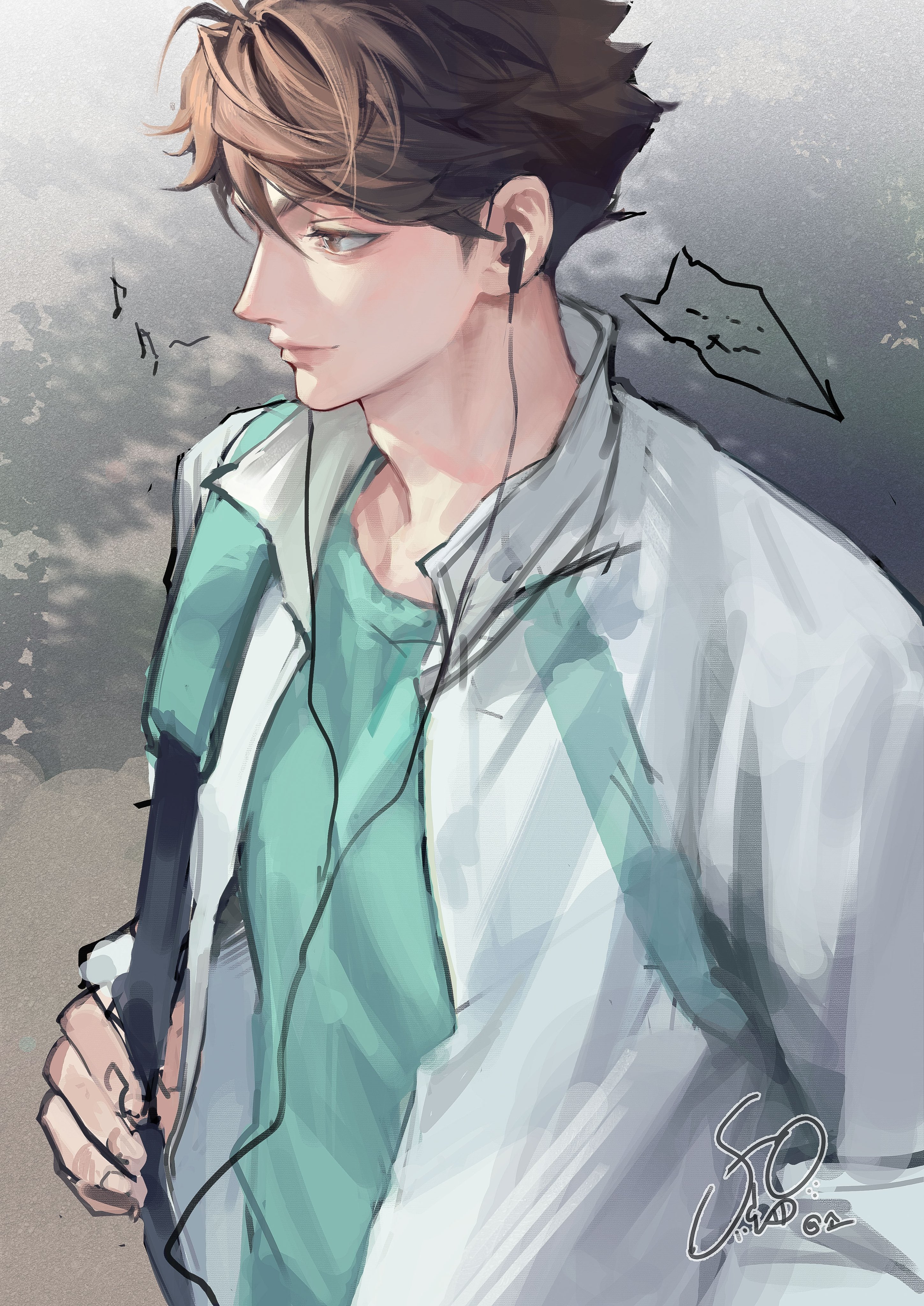 spendthesummer, oikawa tooru (haikyuu!!), haikyuu!!, absurdres, highres, 1boy, aqua shirt, bag, beamed eighth notes, brown eyes, brown hair, earphones, eighth note, from above, high collar, jacket, light smile, lips, male focus, musical note, shirt, short hair, shoulder bag, signature, solo, track jacket, upper body