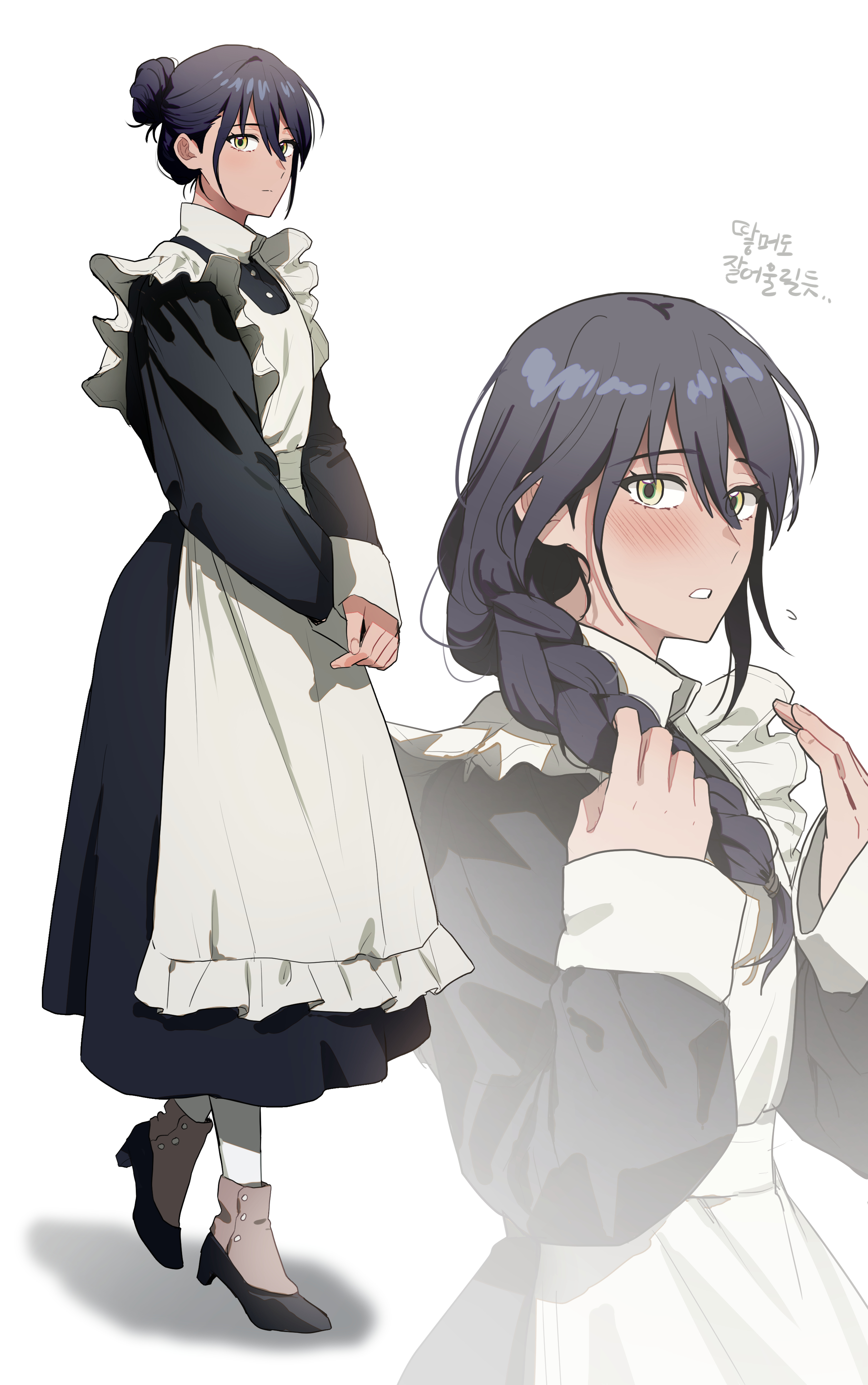 otakulifewow, nyaan (gundam gquuuuuux), gundam, gundam gquuuuuux, absurdres, commentary request, highres, korean commentary, translation request, 1girl, apron, black dress, black hair, blush, braid, collared dress, dark-skinned female, dark skin, dress, flying sweatdrops, frilled apron, frills, hair between eyes, hair bun, high heels, leggings, long hair, long sleeves, looking at viewer, maid, maid apron, own hands together, pumps, simple background, single braid, sleeves past wrists, solo, v arms, white background, white leggings, yellow eyes