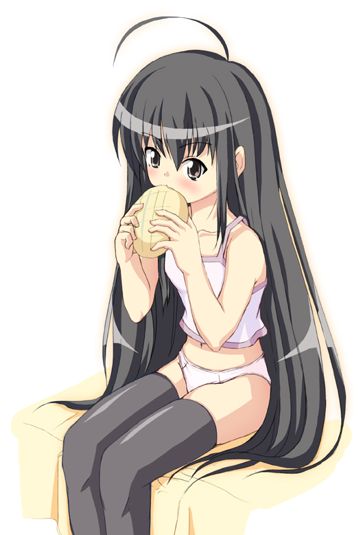 shana, shakugan no shana, non-web source, 00s, bed, black eyes, black hair, bread, brown eyes, camisole, food, long hair, melon bread, panties, sitting, solo, thighhighs, underwear, white panties