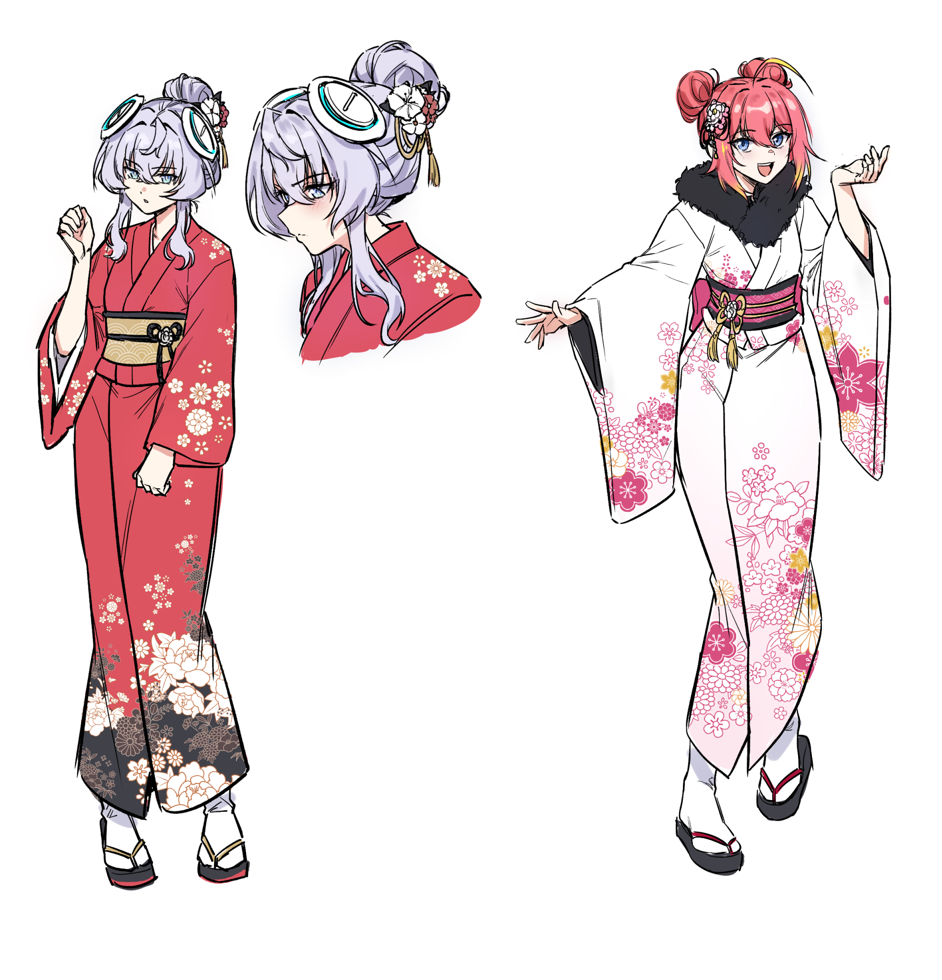 blacha (dkskek157), horizon (counter:side), rachel dodds, counter:side, commentary, highres, 2girls, :d, ahoge, alternate costume, alternate hairstyle, blue eyes, colored tips, double bun, floral print, flower, full body, fur-trimmed kimono, fur trim, geta, hair bun, hair flower, hair ornament, hand up, headgear, inset, japanese clothes, kimono, light blush, long sleeves, looking at viewer, multicolored hair, multiple girls, obi, obijime, okobo, open mouth, pink hair, platform sandals, red kimono, sandals, sash, simple background, smile, standing, white background, white hair, white kimono