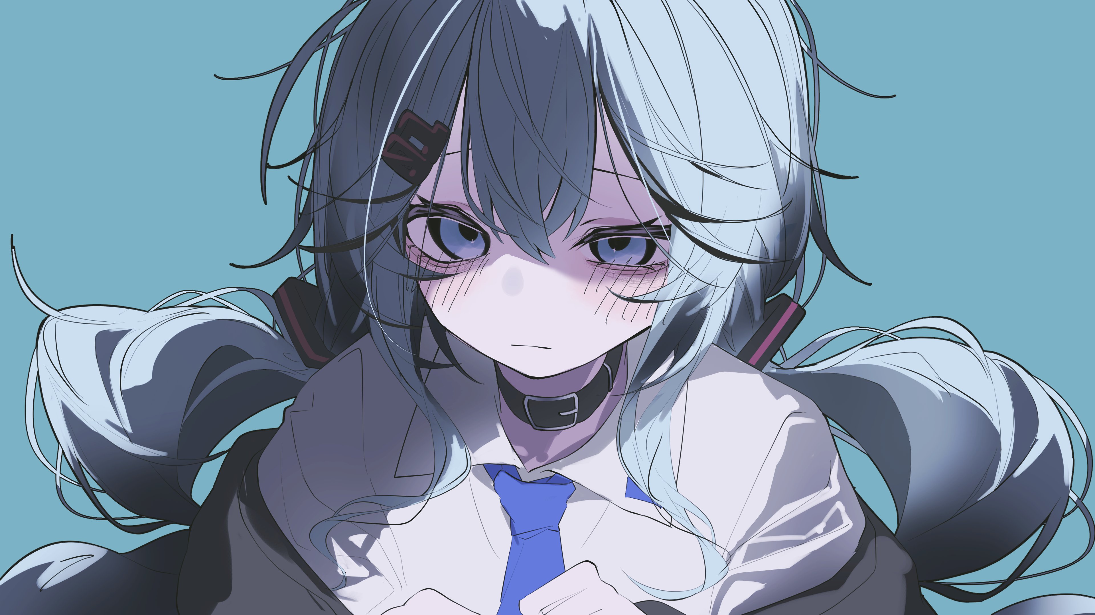 shihiki, hatsune miku, vocaloid, absurdres, hashtag-only commentary, highres, 1girl, black collar, blue background, blue eyes, blue necktie, blush, collar, collared shirt, eyelashes, hair between eyes, hair ornament, long hair, looking at viewer, low twintails, necktie, number hair ornament, shirt, sidelocks, simple background, solo, twintails, white shirt