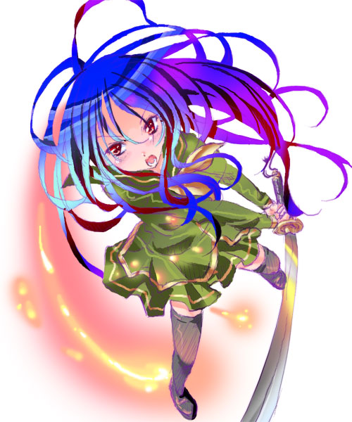 shana, shakugan no shana, 00s, 1girl, blue hair, female focus, full body, looking at viewer, school uniform, serafuku, solo, sword, thighhighs, weapon