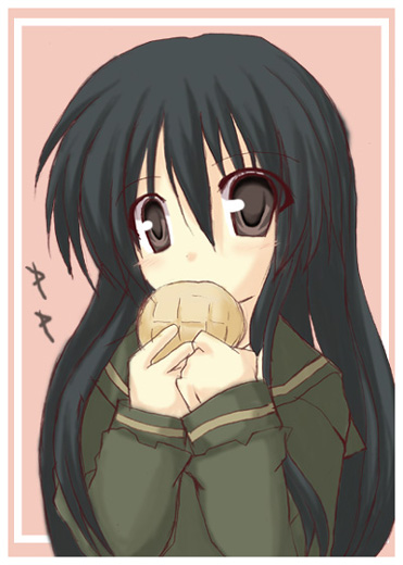 shana, shakugan no shana, 00s, black hair, bread, brown eyes, eating, food, melon bread, school uniform, serafuku, solo