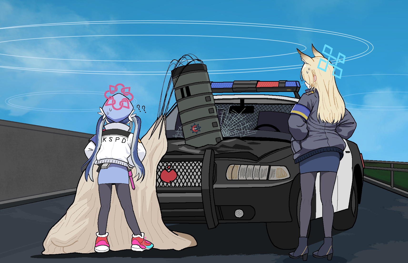 cocktiel77, fubuki (blue archive), kanna (blue archive), blue archive, commentary, english commentary, highres, weapon request, 2girls, ?, ??, animal ear fluff, animal ears, armband, black leggings, black pantyhose, blonde hair, blue armband, blue boots, blue hair, blue halo, blue jacket, blue sky, blue vest, bomb, boots, bow, car, clothes writing, cloud, contrail, crack, cracked glass, day, dog ears, dog girl, explosive, extra ears, ford crown victoria, ford crown victoria (2nd generation), from behind, full body, grey hair, hair bow, hair ornament, halo, hands in pockets, hands on own hips, hat, high heel boots, high heels, jacket, leggings, long hair, long sleeves, motor vehicle, multicolored hair, multiple girls, notched ear, outdoors, pantyhose, parachute, pencil skirt, police, police car, police hat, police siren, police uniform, policewoman, purple armband, red dawn, red winter federal academy logo, shadow, shoes, skirt, sky, sneakers, standing, streaked hair, sweatdrop, twintails, vest, walkie-talkie, white bow, white jacket, wire