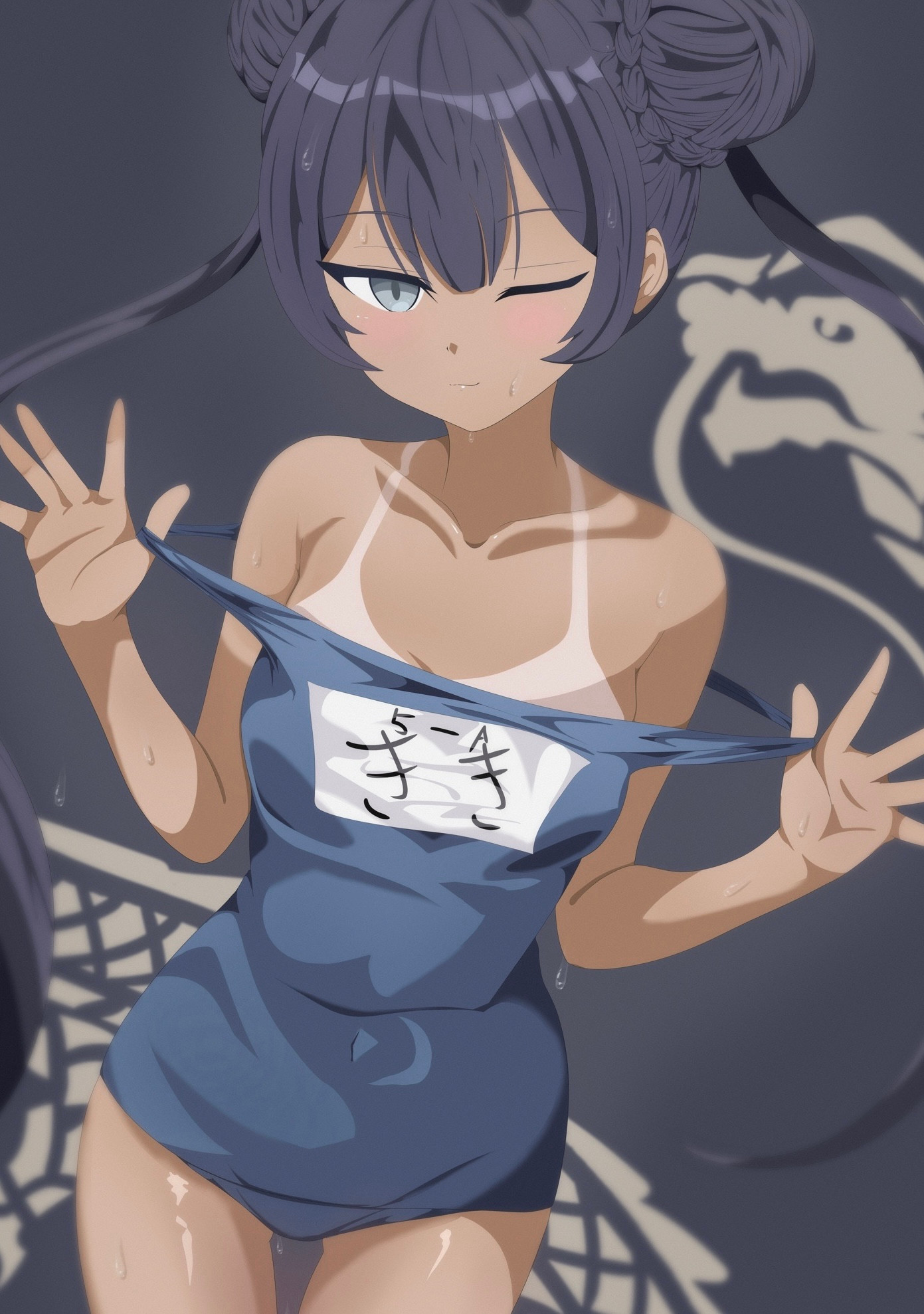 uirou (uirou2024), kisaki (blue archive), blue archive, commentary request, highres, 1girl, ;3, alternate skin color, black hair, blush, breasts, collarbone, cowboy shot, double bun, dragon print, grey eyes, hair between eyes, hair bun, long hair, looking at viewer, name tag, old school swimsuit, one eye closed, print background, school swimsuit, sidelocks, simple background, small breasts, solo, swimsuit, tan, tanline, twintails, undressing, wet, wet clothes, wet swimsuit
