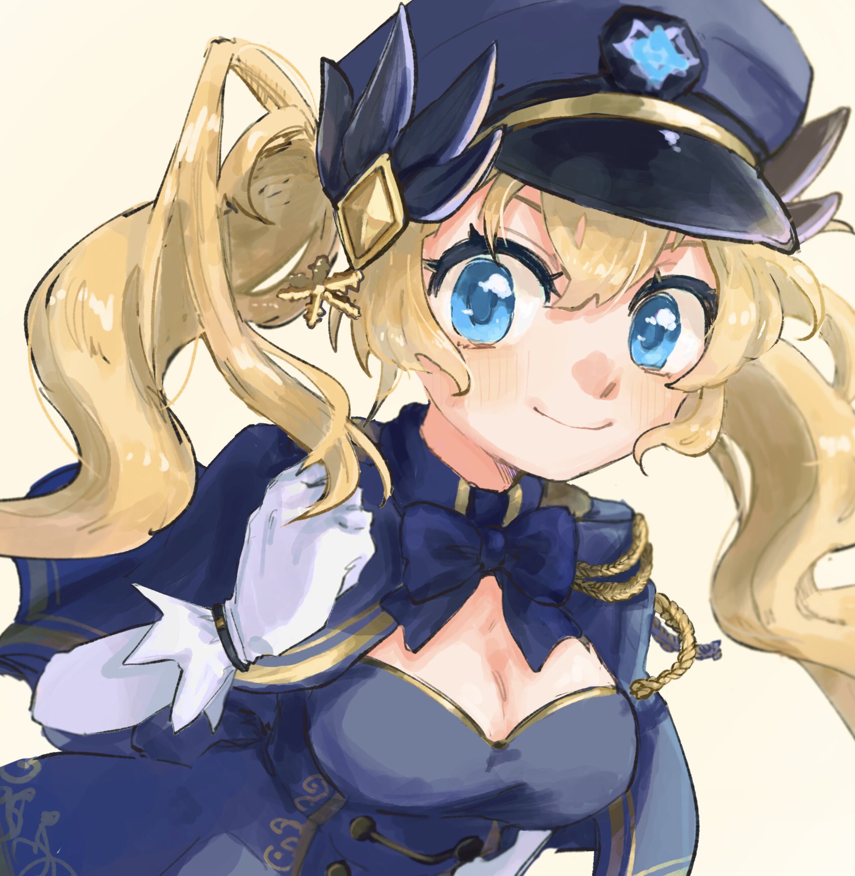 chaos gerda (gakuen) (grimms notes), chaos gerda (grimms notes), grimms notes, grimms notes gakuen, bad id, bad twitter id, 1girl, blonde hair, blue eyes, breasts, closed mouth, hand up, looking at viewer, medium breasts, po nkn, solo, twintails
