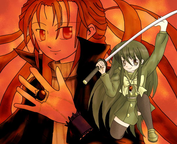 shana, shakugan no shana, 00s, black hair, brown eyes, school uniform, serafuku, sword, thighhighs, weapon