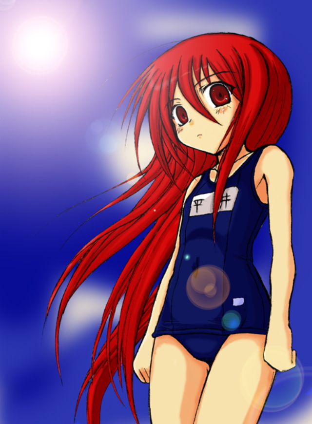 shana, shakugan no shana, non-web source, 00s, day, lens flare, one-piece swimsuit, red eyes, red hair, school swimsuit, sky, solo, swimsuit
