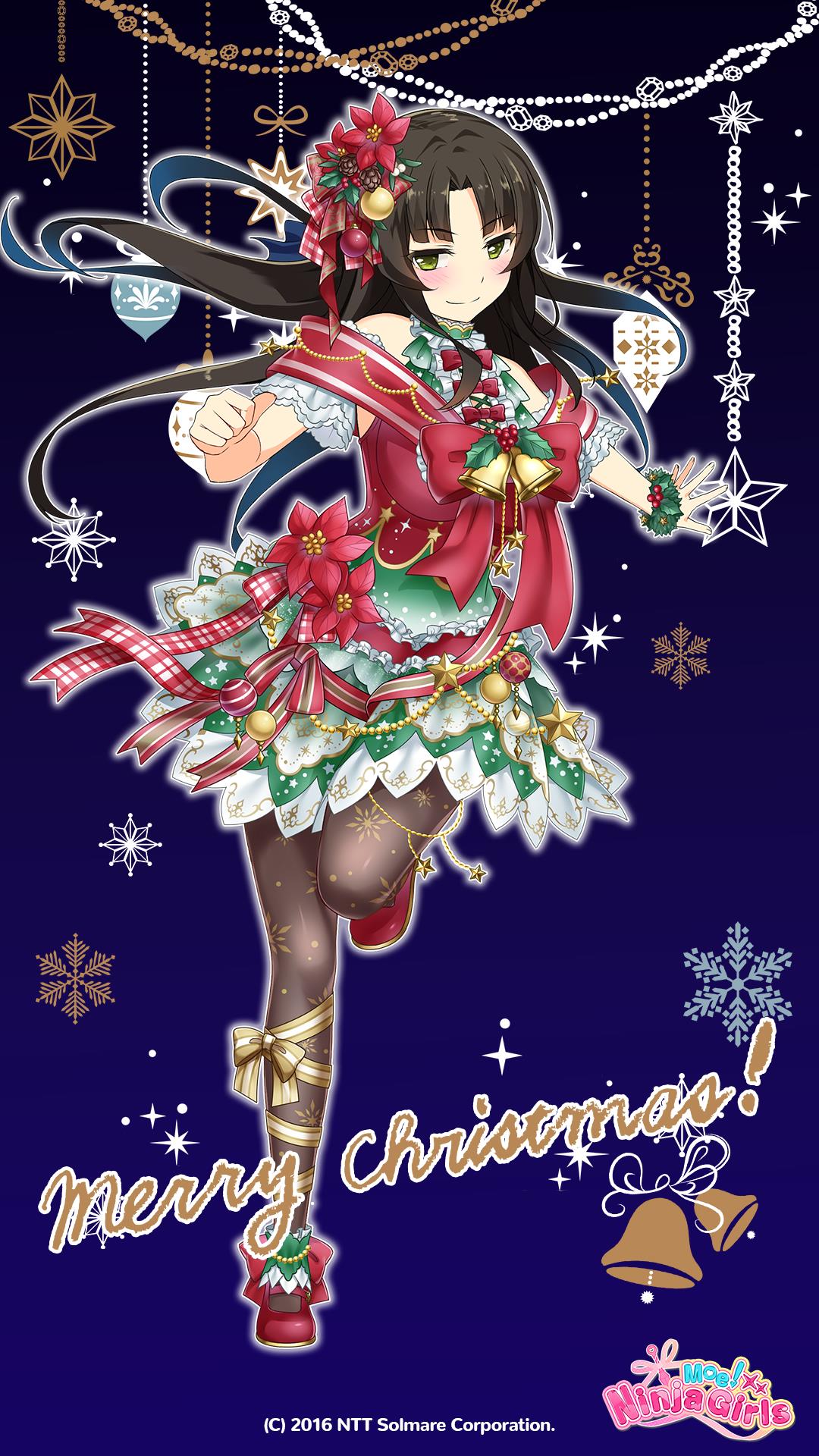 saion-ji enju, moe! ninja girls, highres, official art, 1girl, bare shoulders, black hair, bow, breasts, christmas, closed mouth, copyright name, dress, flower, full body, fur trim, gradient background, green eyes, hair flower, hair ornament, logo, long hair, looking at viewer, merry christmas, pantyhose, red ribbon, red shoes, ribbon, santa costume, shoes, smile, solo, split mouth, standing, standing on one leg, very long hair
