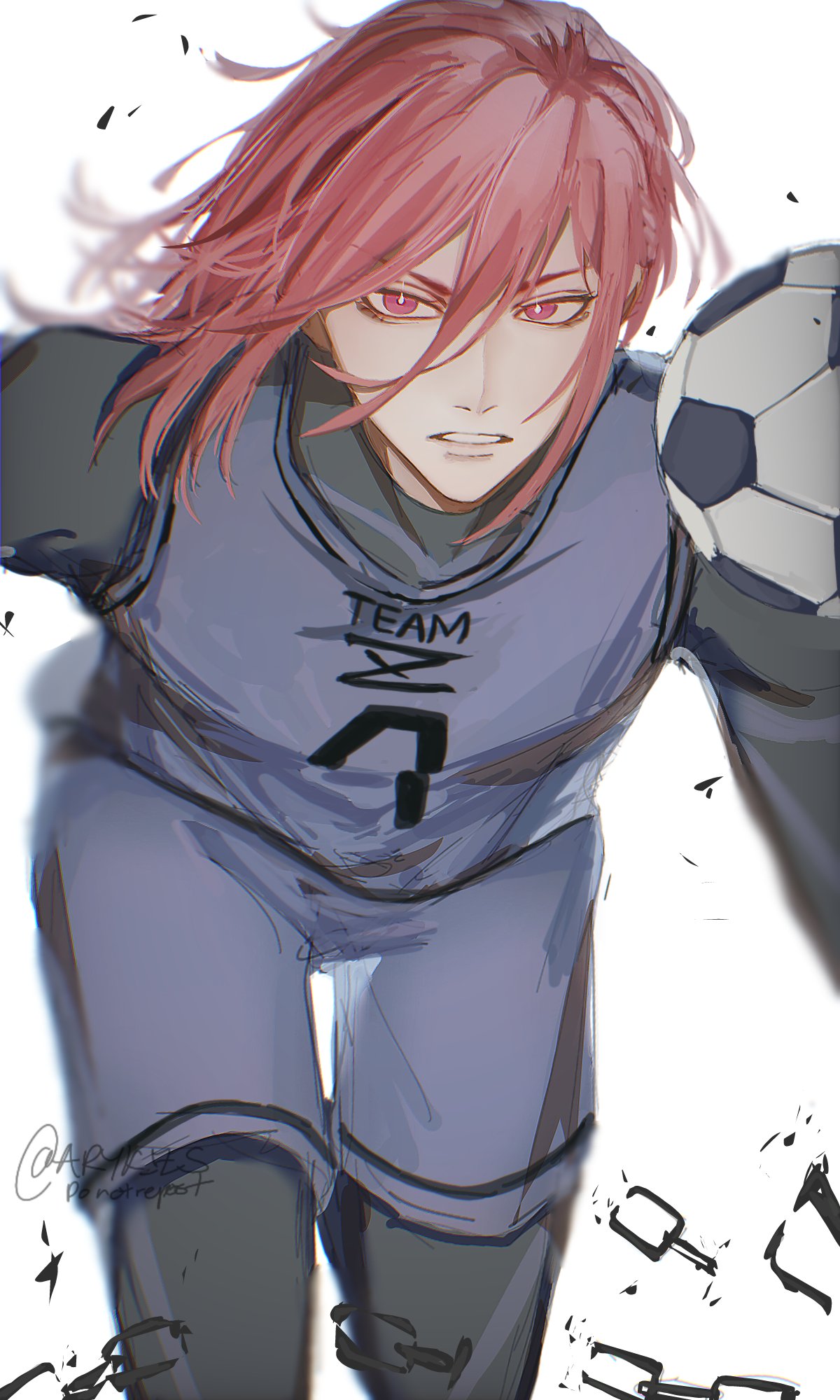 chigiri hyoma, blue lock, commentary, highres, 1boy, aryk 7 s, ball, blue lock bodysuit, hair between eyes, long hair, looking at viewer, male focus, red eyes, red hair, simple background, skin tight, soccer ball, soccer uniform, solo, sportswear, teeth, white background