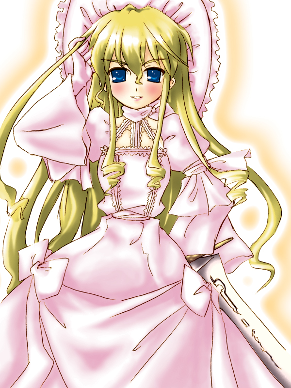 piku, tyrael (shakugan no shana), shakugan no shana, non-web source, 00s, aizen tiriel, blonde hair, blue eyes, dress, frills, gloves, hat, long hair, solo, sword, weapon