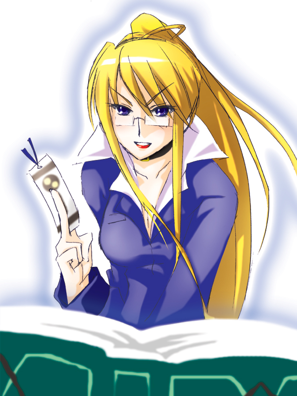 piku, marchosias, margery daw, shakugan no shana, non-web source, 00s, 1girl, blonde hair, blue eyes, book, bookmark, choker, female focus, glasses, lips, long hair, looking at viewer, parted lips, ponytail, purple eyes, sketch, solo, very long hair