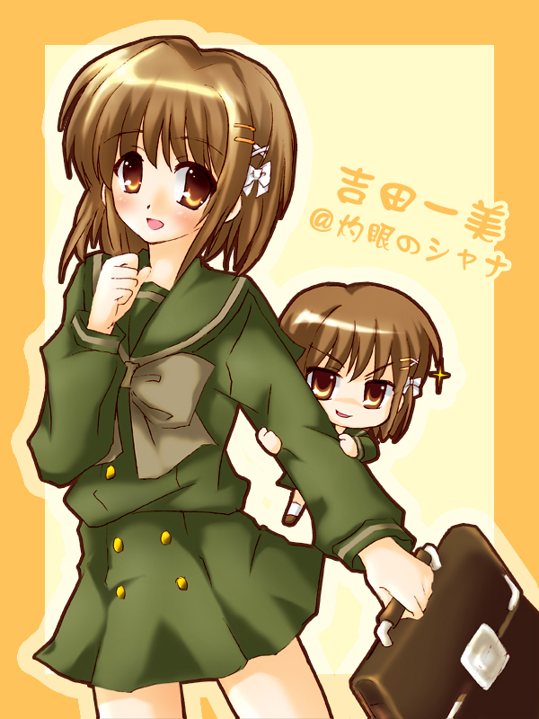 yoshida kazumi, shakugan no shana, 00s, brown eyes, brown hair, school uniform, serafuku