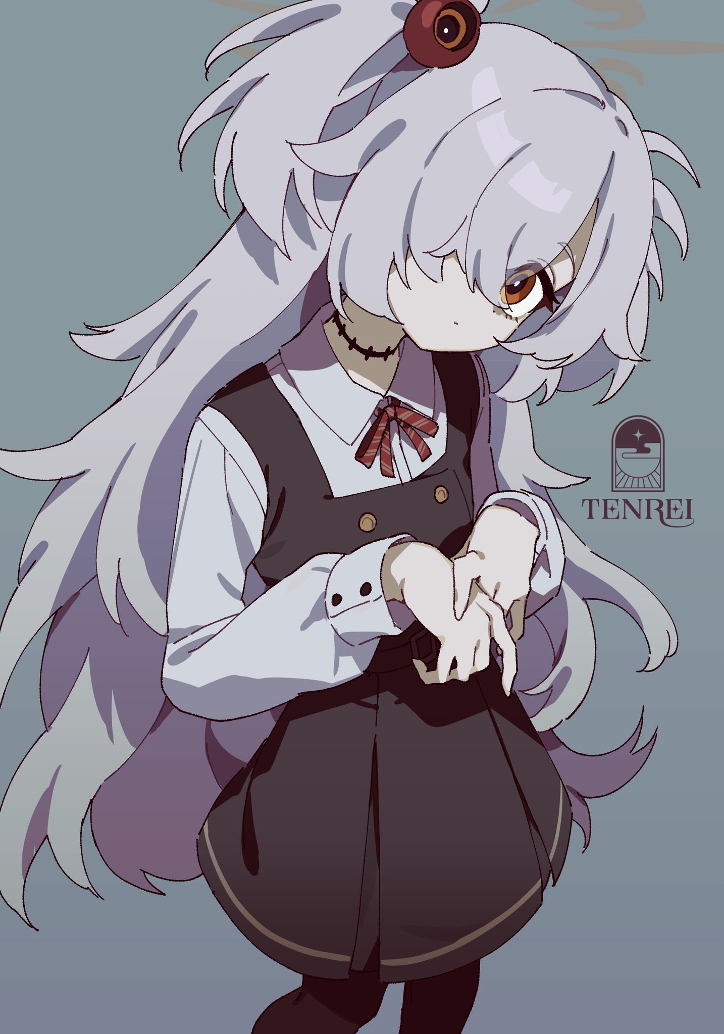 tnri 0404, kanoe (blue archive), blue archive, commentary, highres, 1girl, black dress, black pantyhose, blue background, closed mouth, collared shirt, dress, grey hair, hair between eyes, hair ornament, hair over one eye, long hair, long sleeves, looking at viewer, pantyhose, pinafore dress, ribbon, scar, scar on neck, shirt, simple background, sleeveless, sleeveless dress, solo, two side up, very long hair, white shirt