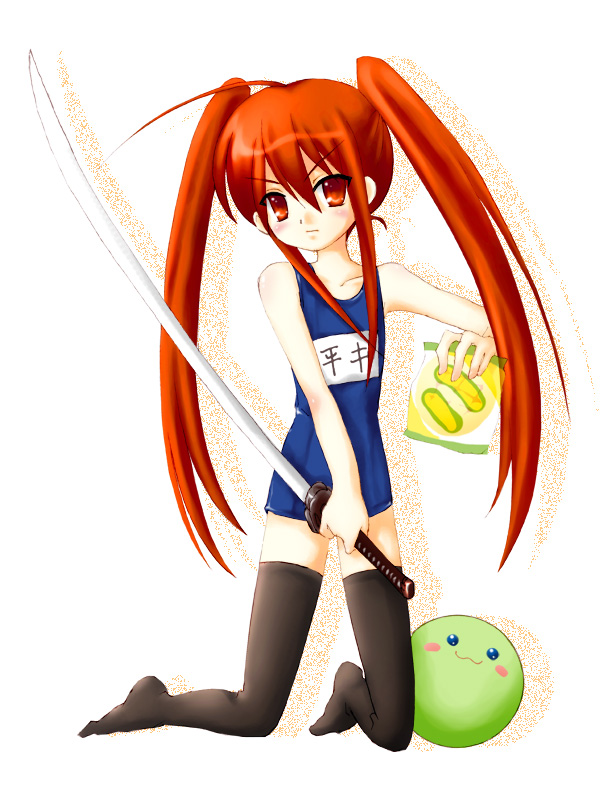 piku, shana, tama (happiness), happiness!, shakugan no shana, non-web source, 00s, bread, food, long hair, melon bread, one-piece swimsuit, red eyes, red hair, school swimsuit, solo, swimsuit, sword, thighhighs, twintails, weapon