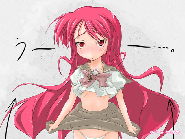 shana, shakugan no shana, artist request, 00s, 1girl, arrow (symbol), brown skirt, clothes lift, cowboy shot, dot nose, facing viewer, female focus, gradient background, lifting own clothes, long hair, looking at viewer, miniskirt, out-of-frame censoring, panties, petite, pleated skirt, red eyes, red hair, school uniform, serafuku, shirt, shirt lift, short sleeves, simple background, skinny, skirt, skirt lift, solo, standing, summer uniform, underwear, very long hair, white panties, white shirt