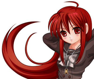 alastor (shakugan no shana), shana, shakugan no shana, lowres, non-web source, 00s, 1girl, female focus, jewelry, long hair, necklace, pendant, red eyes, red hair, school uniform, serafuku, solo