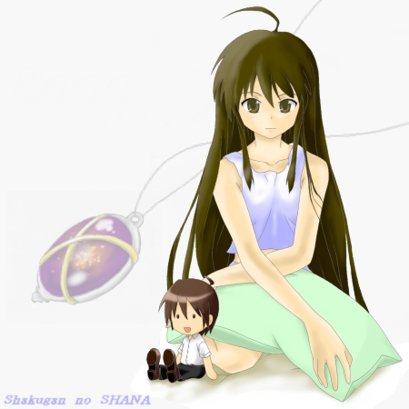 alastor (shakugan no shana), sakai yuji, sakai yuuji, shana, shakugan no shana, lowres, non-web source, 00s, 1boy, 1girl, brown eyes, brown hair, camisole, doll, jewelry, kneeling, pendant, pillow