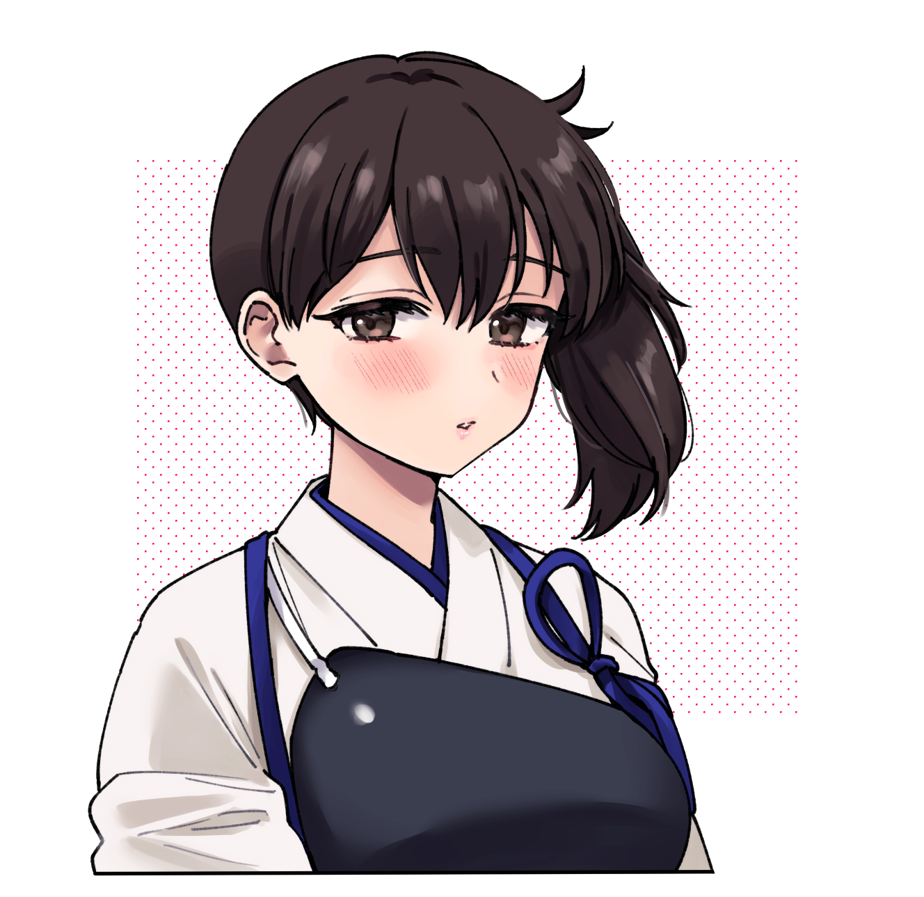 saburou 03, kaga (kancolle), kantai collection, commentary, highres, 1girl, black hair, blush, brown hair, eyelashes, hair between eyes, japanese clothes, kimono, looking at viewer, muneate, parted lips, side ponytail, simple background, solo, tasuki, upper body, white kimono