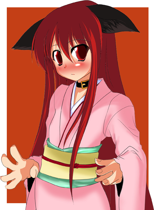 shana, shakugan no shana, non-web source, 00s, animal ears, blush, cat ears, choker, japanese clothes, kimono, long hair, red eyes, red hair, solo
