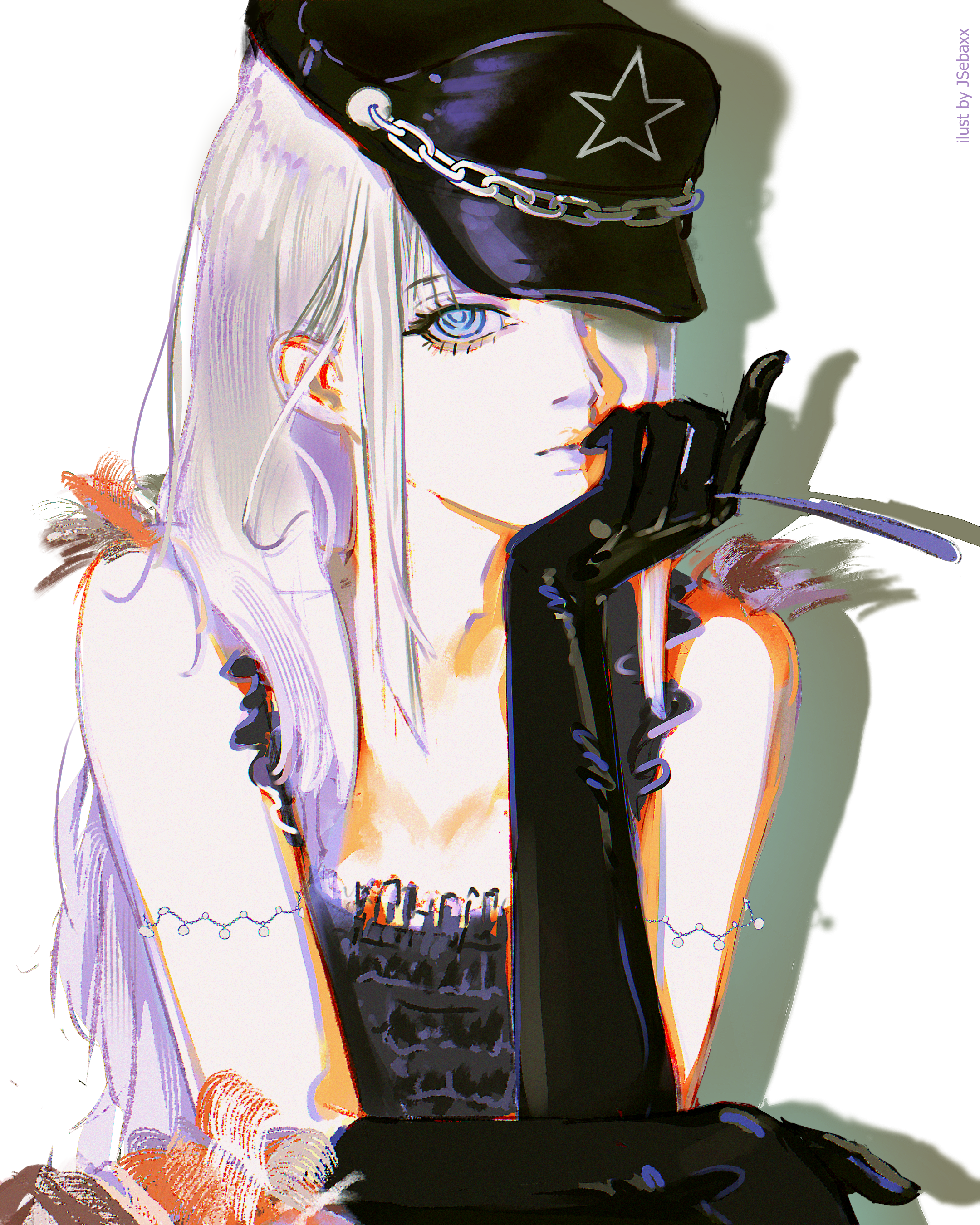 jsebaxx, chainsaw man, original, absurdres, highres, 1girl, black gloves, black hat, blue eyes, elbow gloves, gloves, grey hair, hand on own chin, hat, long hair, looking at viewer, peaked cap, ringed eyes, shadow, solo, white background