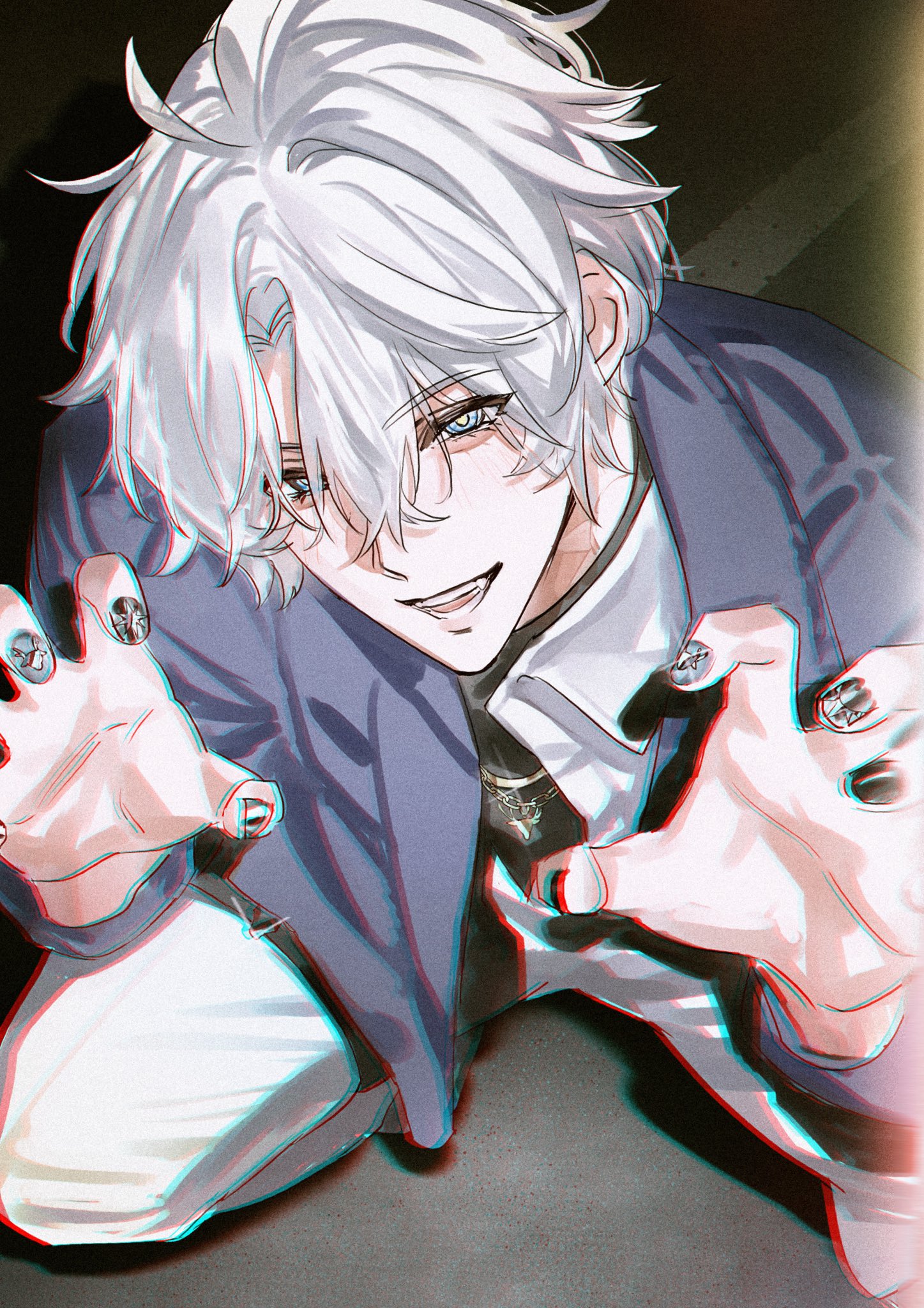 jam8366, phainon (honkai: star rail), honkai: star rail, honkai (series), highres, 1boy, antenna hair, black sweater, blue eyes, coat, grey hair, hair between eyes, jewelry, looking at viewer, male focus, necklace, official alternate costume, open clothes, open coat, open mouth, open shirt, pants, parted bangs, paw pose, phainon (luckin coffee) (honkai: star rail), purple coat, shirt, short hair, solo, squatting, sweater, teeth, turtleneck, turtleneck sweater, white pants, white shirt, yellow pupils