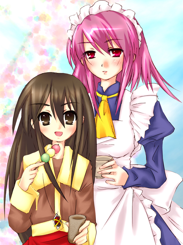 piku, alastor (shakugan no shana), shana, wilhelmina carmel, shakugan no shana, non-web source, 00s, 2girls, black eyes, black hair, brown eyes, brown hair, cup, dango, food, jewelry, long hair, maid, multiple girls, pendant, pink eyes, pink hair, short hair, wagashi, winter clothes