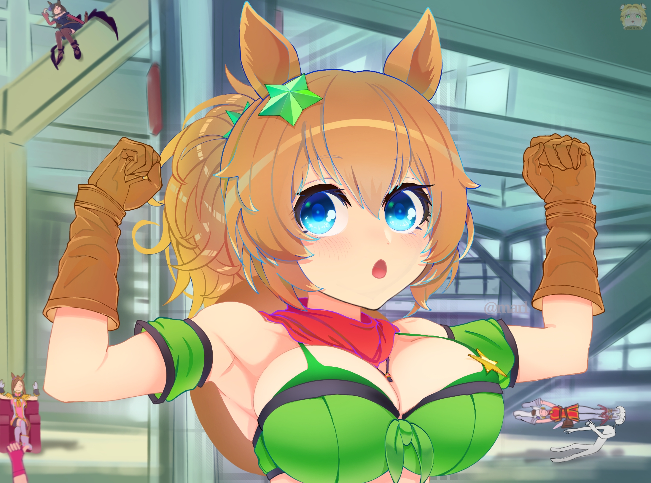 marl 04art, gold ship (umamusume), rice shower (umamusume), sakura bakushin o (umamusume), taiki shuttle (umamusume), umamusume, commentary, highres, 4girls, animal ears, arm up, armpits, bandana, bare shoulders, bikini, blurry, blurry background, bowl, breasts, brown gloves, brown hair, cleavage, clenched hands, gloves, green bikini, grin, hair between eyes, hair ornament, horse ears, horse girl, large breasts, long hair, multiple girls, ponytail, red bandana, shirt, simple background, smile, star (symbol), star hair ornament, swimsuit, upper body