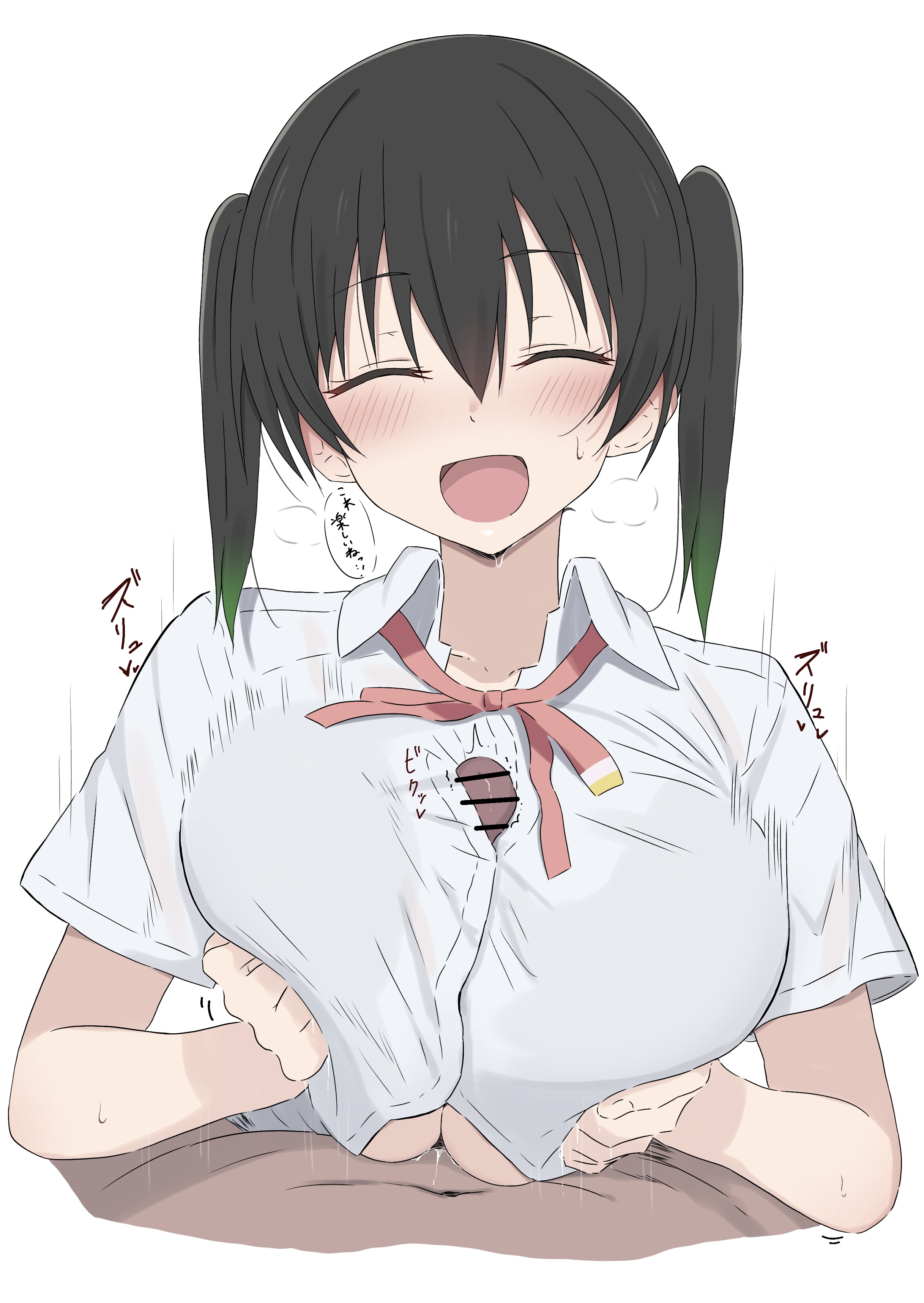ikesho0612, takasaki yu, love live!, love live! nijigasaki high school idol club, absurdres, highres, 1boy, 1girl, ^ ^, bar censor, blush, breasts, censored, closed eyes, green hair, hair between eyes, hetero, large breasts, long hair, motion lines, multicolored hair, navel, neck ribbon, open mouth, paizuri, paizuri under clothes, penis, pink ribbon, ribbon, shirt, short sleeves, simple background, smile, speed lines, streaked hair, twintails, white background, white shirt