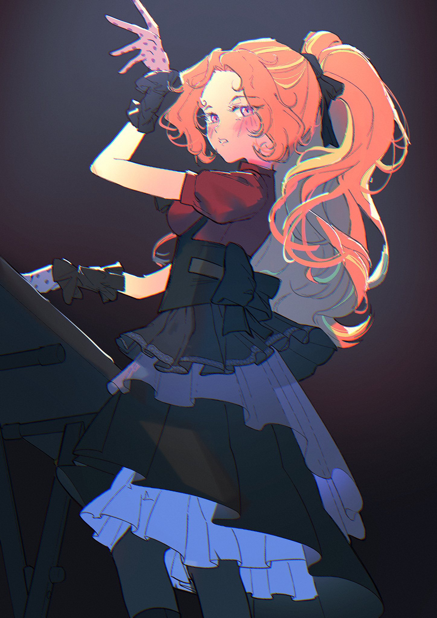 adagio dazzle, adagio dazzle (human), oblivionis (bang dream!), togawa sakiko, bang dream!, my little pony, my little pony: equestria girls, my little pony: friendship is magic, commentary, highres, 1girl, amazingpuffhair, arm up, asymmetrical gloves, back bow, black background, black boots, black bow, black pantyhose, blonde hair, blue gloves, blush, boots, bow, breasts, chromatic aberration, cosplay, eyes visible through hair, feet out of frame, film grain, frilled gloves, frilled skirt, frills, from below, gloves, hair bow, high ponytail, instrument, knee boots, layered skirt, long hair, looking at viewer, medium skirt, mismatched gloves, multicolored hair, music, orange hair, pantyhose, parted lips, pink eyes, pink gloves, pink skirt, playing instrument, playing piano, polka dot gloves, ponytail, puffy short sleeves, puffy sleeves, red shirt, shirt, short sleeves, sidelocks, simple background, skirt, slit pupils, small breasts, solo, standing, streaked hair, togawa sakiko (cosplay), two-tone hair, vignetting, wavy hair