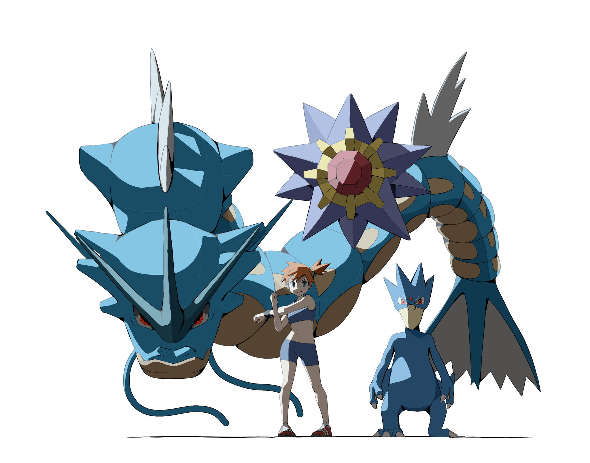 psaber97, golduck, gyarados, misty (pokemon), starmie, nintendo, pokemon, pokemon frlg, pokemon tcg, pokemon tcg pocket, highres, 1girl, asymmetrical hair, blue shorts, breasts, crop top, gen 1 pokemon, looking at viewer, midriff, navel, open mouth, orange hair, ponytail, shoes, short hair, shorts, side ponytail, sleeveless, smile, standing, wristband