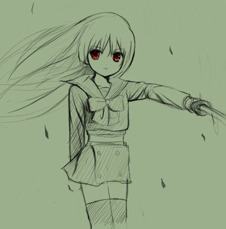 shana, shakugan no shana, lowres, 00s, red eyes, school uniform, serafuku, sketch, thighhighs