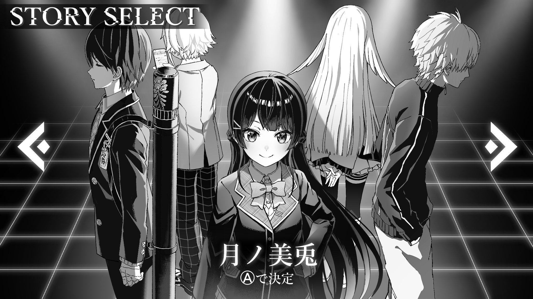 1220 (leopa), kenmochi touya, kenmochi touya (1st costume), kuzuha (1st costume) (nijisanji), kuzuha (nijisanji), lize helesta, lize helesta (1st costume), tsukino mito, tsukino mito (1st costume), uzuki kou, uzuki kou (3rd costume), nijisanji, highres, translation request, 2girls, 3boys, arms behind back, arrow (symbol), bow, bowtie, braid, cellphone, character select, closed eyes, closed mouth, english text, fake screenshot, greyscale, grid background, grid print, hair ornament, hairpin, half up braid, hand in pocket, hand on own hip, hand wraps, holding, holding phone, hunched over, jacket, lapels, long hair, long sleeves, looking at viewer, mixed-language text, monochrome, multiple boys, multiple girls, multiple hairpins, necktie, notched lapels, pants, phone, plaid clothes, plaid lapels, plaid necktie, print pants, profile, sheath, short hair, smartphone, smile, standing, thighhighs, user interface, very long hair, video game, virtual youtuber
