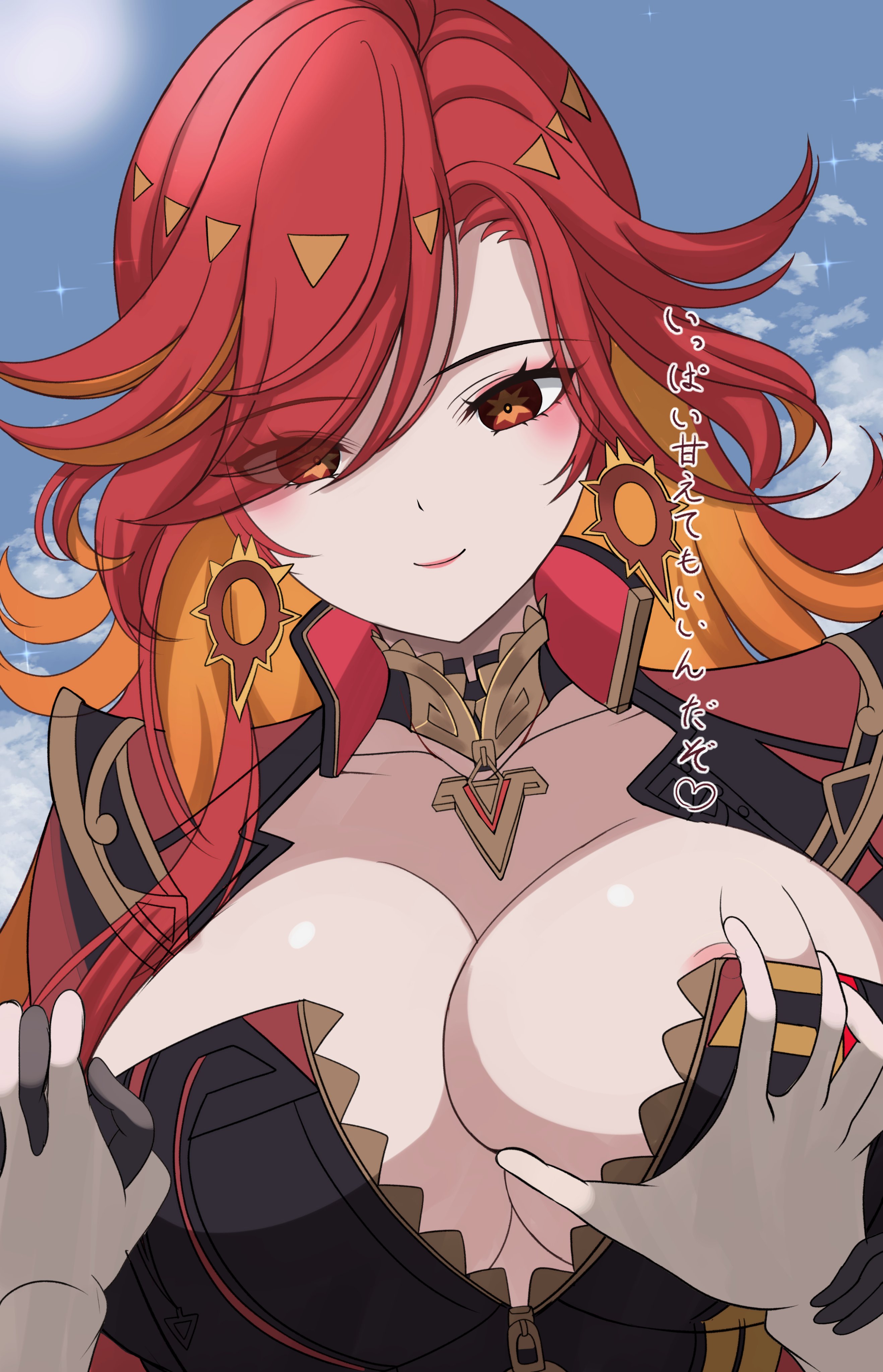 azumi (mocha), mavuika (genshin impact), genshin impact, absurdres, commentary request, highres, translation request, 1girl, 1other, areola slip, black bodysuit, bodysuit, closed mouth, earrings, grabbing another's breast, groping, holding hands, interlocked fingers, jewelry, long hair, looking at viewer, orange eyes, partially unzipped, pov, pov hands, red hair, smile, solo focus