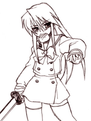 shana, shakugan no shana, lowres, 00s, monochrome, school uniform, serafuku, sketch, sword, thighhighs, weapon