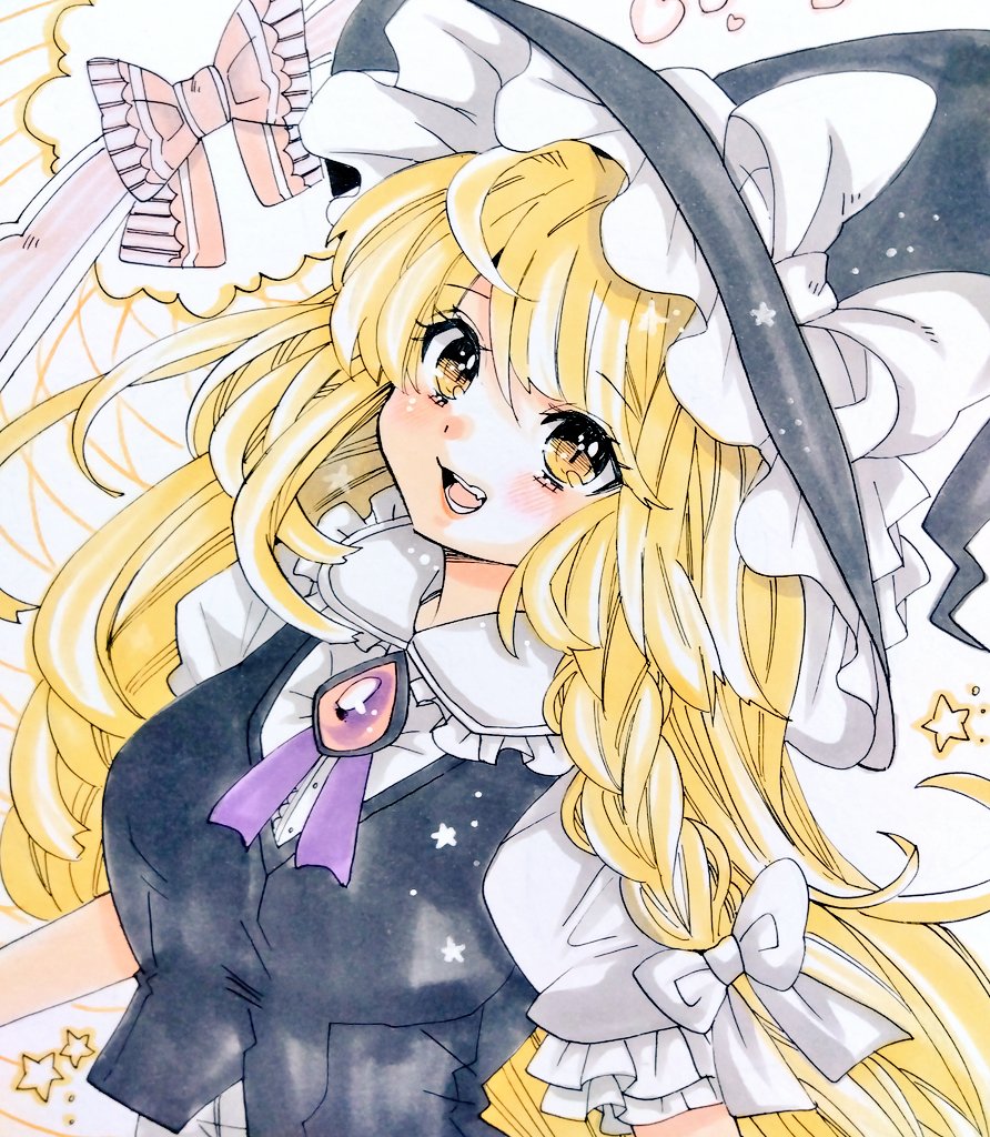matsuppoi, kirisame marisa, touhou, 1girl, blonde hair, braid, hat, long hair, looking at viewer, shirt, side braid, solo, upper body, very long hair, vest, white shirt, witch hat, yellow eyes