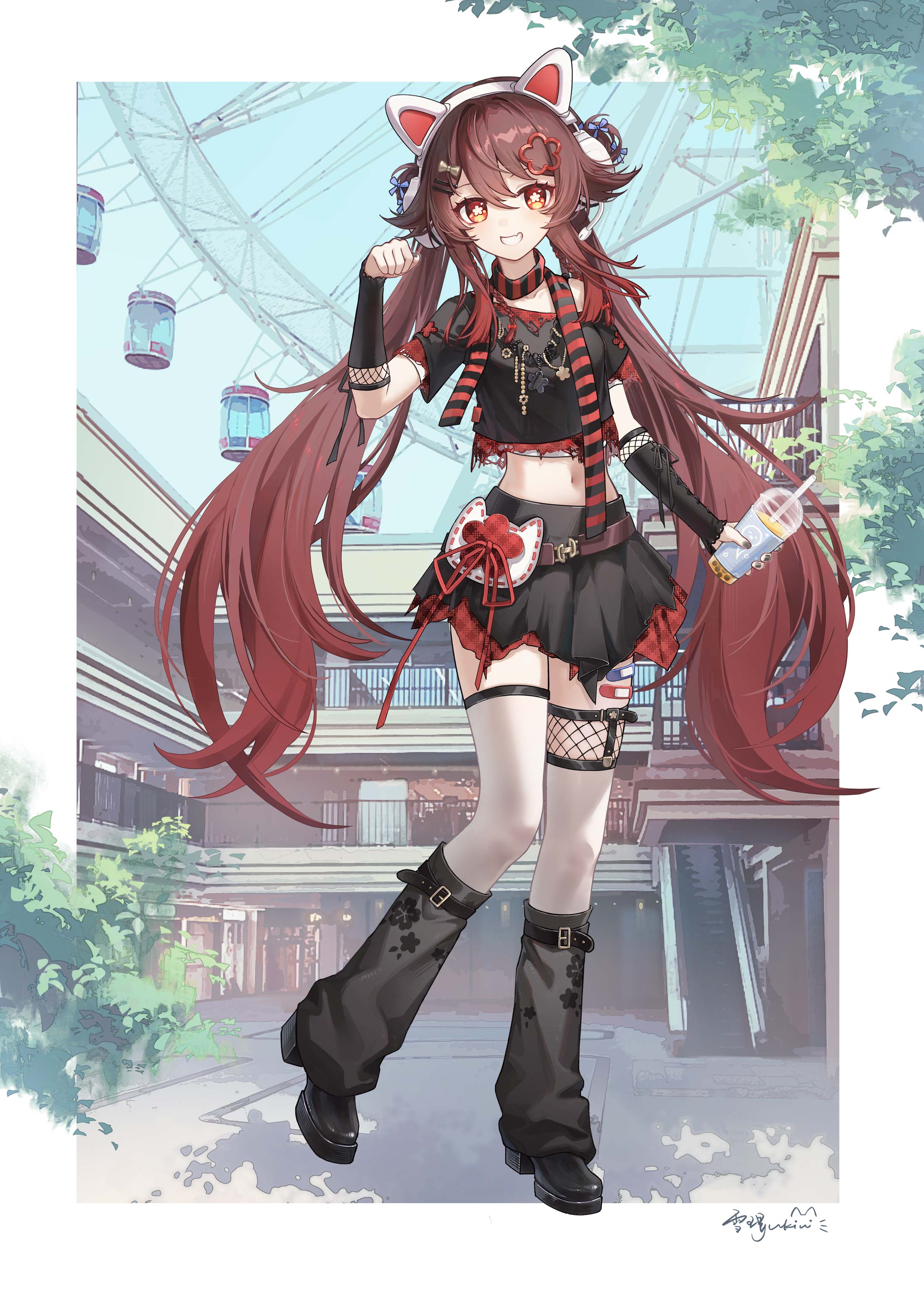 yukiri (l ii), hu tao (genshin impact), genshin impact, absurdres, highres, 1girl, alternate costume, animal ear headphones, animal ears, bandaid, bandaid on leg, black shirt, black shoes, black skirt, black sleeves, black thighhighs, breasts, brown hair, cat ear headphones, cat ears, crop top, cup, disposable cup, drinking straw, fake animal ears, fishnet sleeves, fishnets, flower-shaped pupils, hair between eyes, hair ornament, hairclip, headphones, high heels, holding, holding cup, long hair, looking at viewer, midriff, navel, red eyes, shirt, shoes, skirt, smile, solo, stomach, symbol-shaped pupils, thighhighs, very long hair