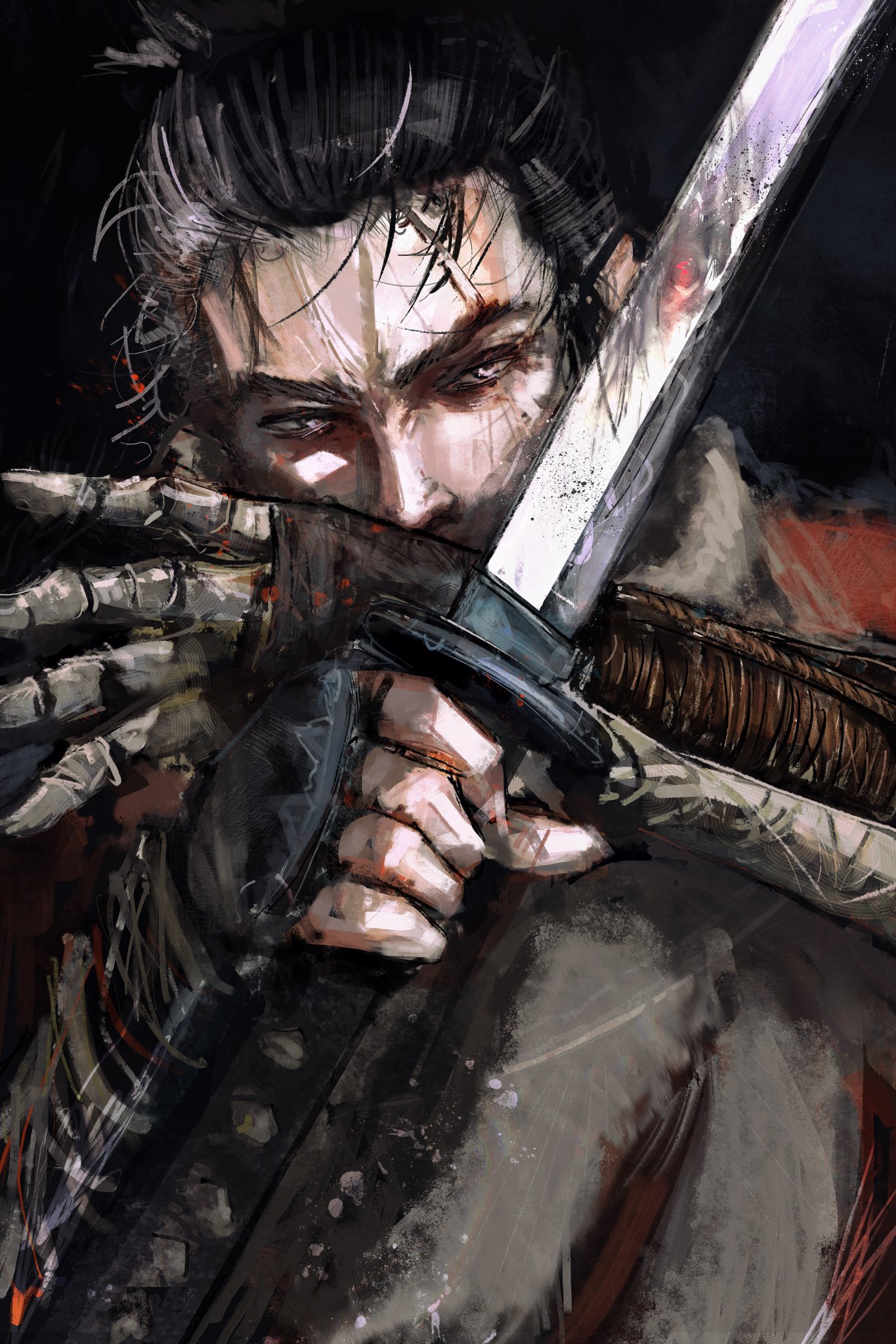 kyezzzz, sekiro, sekiro: shadows die twice, highres, 1boy, black hair, holding, holding sword, holding weapon, japanese clothes, katana, male focus, multicolored hair, prosthesis, prosthetic arm, scarf, short hair, solo, streaked hair, sword, topknot, weapon, white hair, yellow eyes