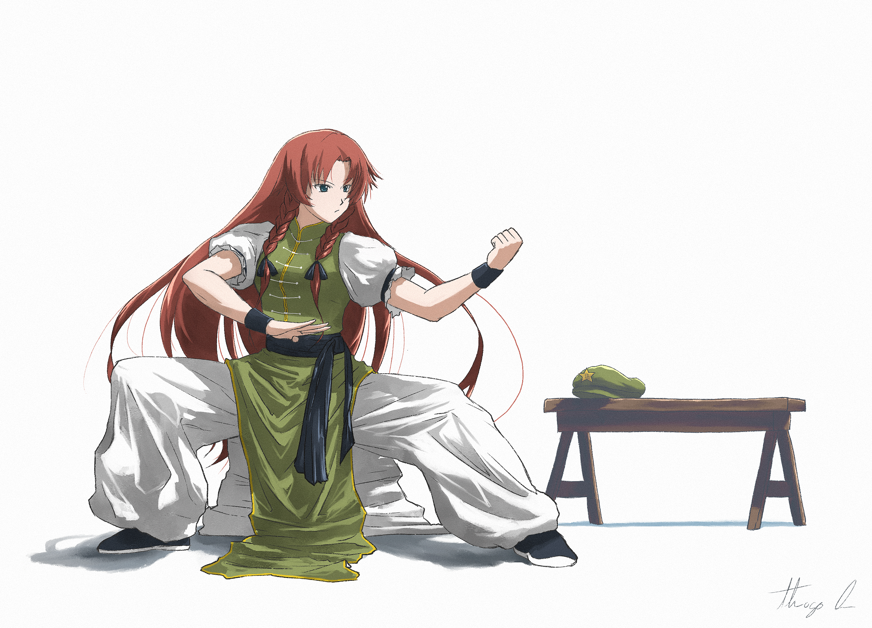 oubachiago, hong meiling, touhou, commentary, highres, mixed-language commentary, procreate (medium), 1girl, beret, braid, clenched hand, closed mouth, english text, fighting stance, green eyes, green hat, hat, hat ornament, long hair, no headwear, pants, pelvic curtain, puffy short sleeves, puffy sleeves, red hair, short sleeves, side slit, signature, simple background, solo, star (symbol), star hat ornament, twin braids, unworn headwear, very long hair, white background, white pants