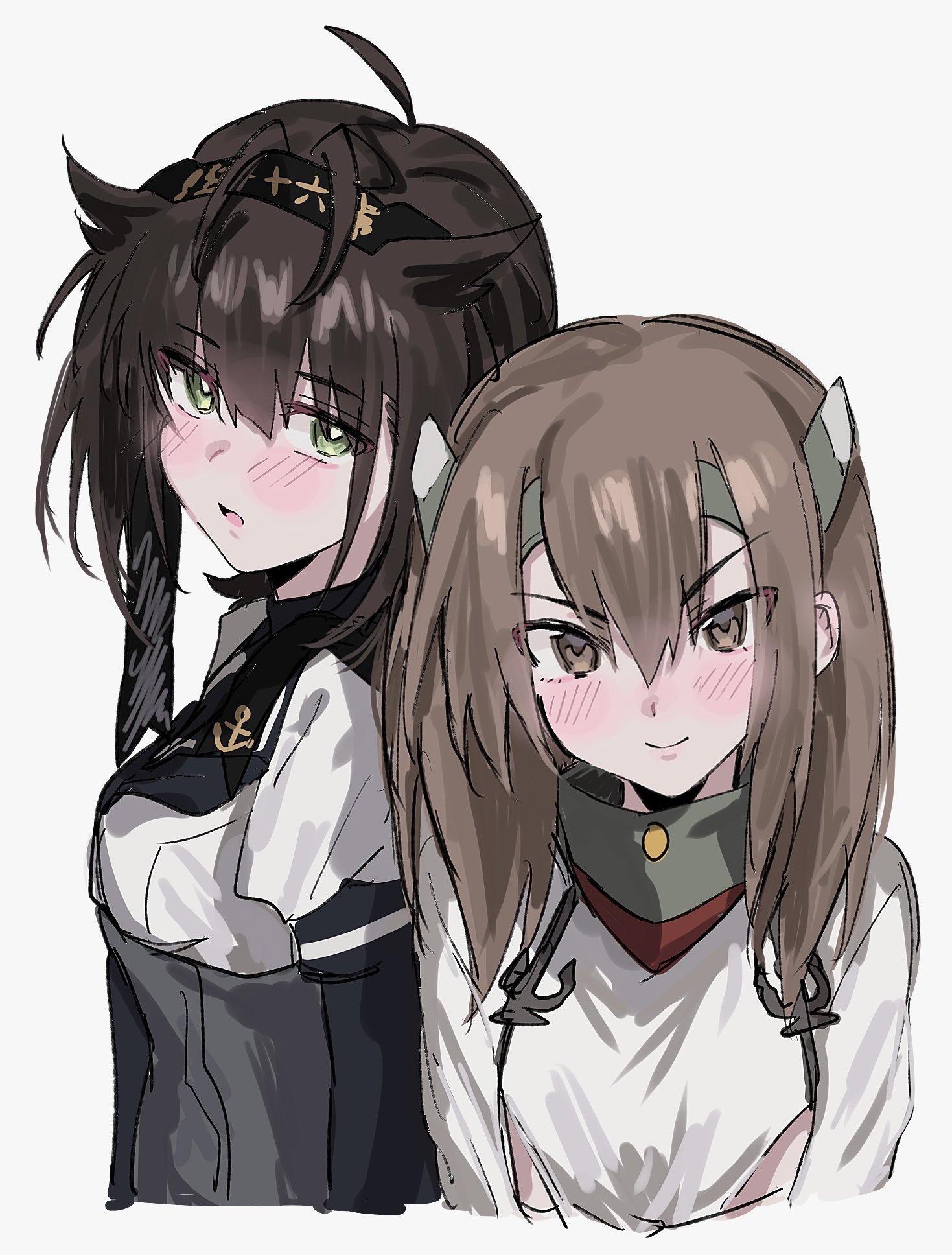 aogisa, hatsuzuki (kancolle), taihou (kancolle), kantai collection, commentary request, highres, 2girls, anchor symbol, black bodysuit, black hair, black headband, black neckerchief, black sailor collar, blush, bodysuit, breasts, brown eyes, brown hair, closed mouth, green eyes, grey background, hachimaki, hair between eyes, hair flaps, headband, headgear, looking at viewer, multiple girls, neckerchief, parted lips, sailor collar, simple background, upper body