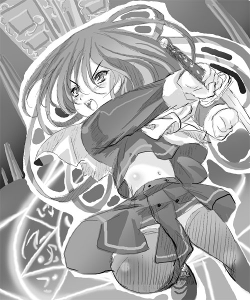 shana, shakugan no shana, 00s, monochrome, school uniform, serafuku, sketch, sword, thighhighs, weapon