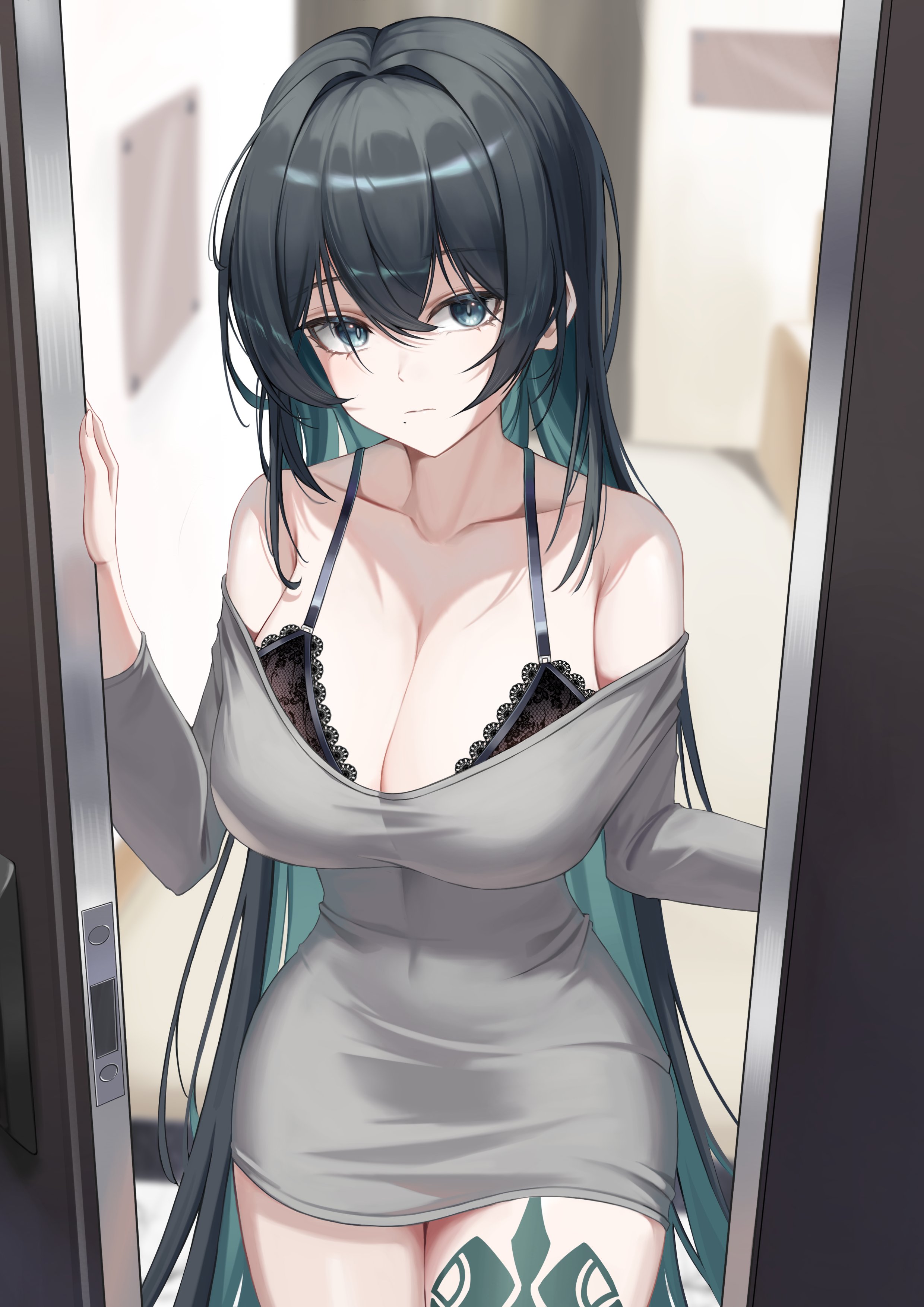 plaga (counter:side), counter:side, absurdres, highres, 1girl, alternate costume, aqua eyes, armpit crease, bare shoulders, black hair, bra, breasts, bright pupils, cleavage, collarbone, colored inner hair, door, doorway, hair between eyes, indoors, large breasts, leg tattoo, long hair, looking at viewer, mole, mole under mouth, multicolored hair, nightgown, open door, plunging neckline, sitting, sliding doors, solo, tattoo, underwear, very long hair