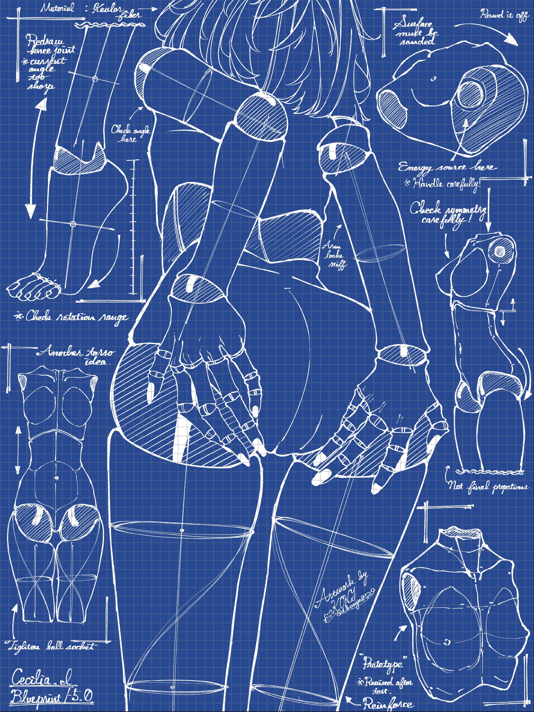 nkonya, cecilia immergreen, hololive, hololive english, highres, 1girl, ass, blueprint (medium), blueprint (object), blueprint background, breasts, completely nude, doll joints, fingernails, from behind, grabbing own ass, grid background, joints, medium hair, multiple views, nude, plantar flexion, small breasts, solo, thighs, toenails
