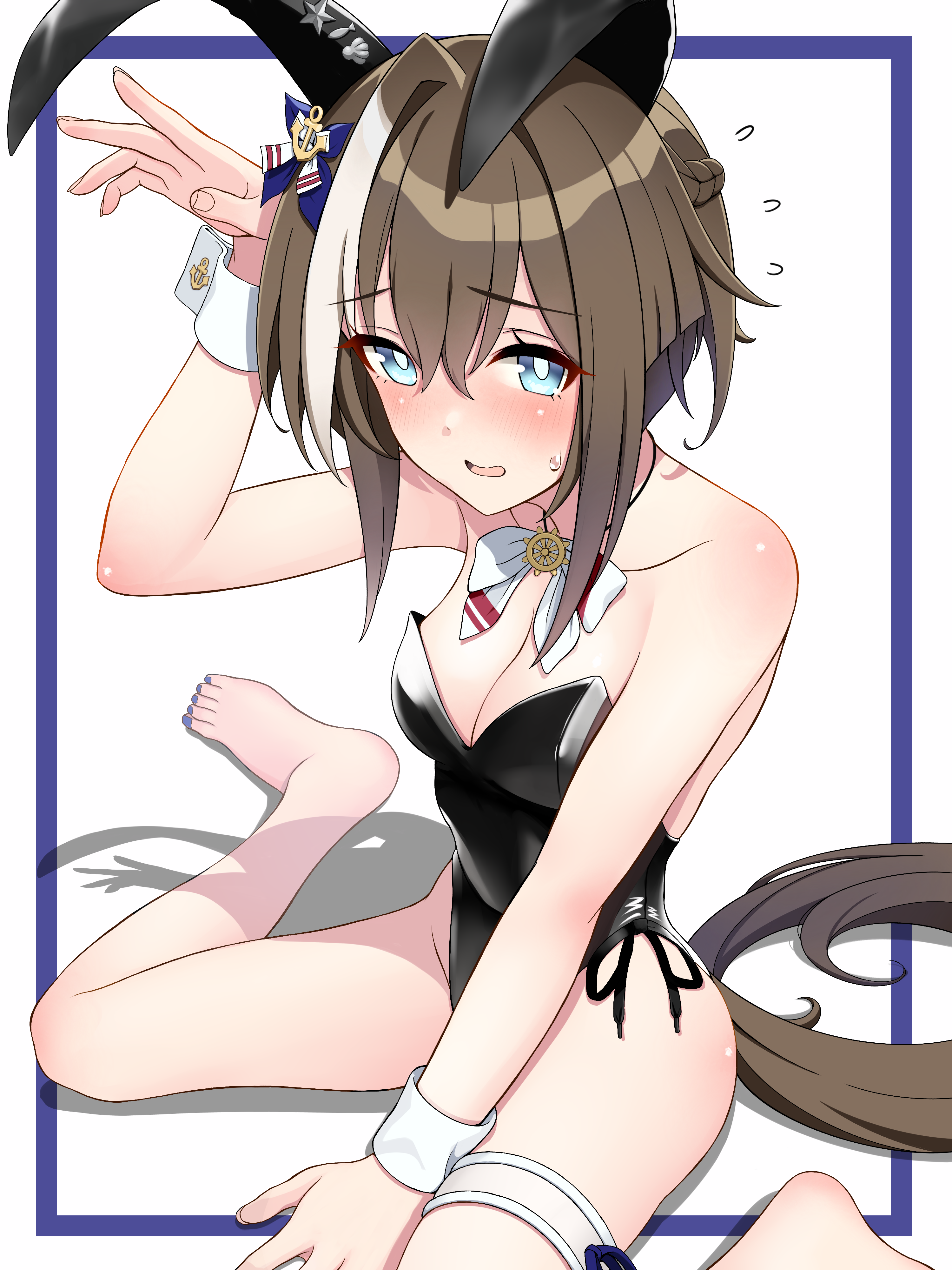 tussy, cheval grand (umamusume), umamusume, absurdres, commentary, commentary request, highres, 1girl, alternate costume, animal ears, barefoot, blue eyes, blush, border, breasts, brown hair, cleavage, closed mouth, collarbone, embarrassed, feet, flustered, horse girl, medium breasts, nail polish, nontraditional playboy bunny, rabbit ears, simple background, solo, toenail polish, toenails, white background