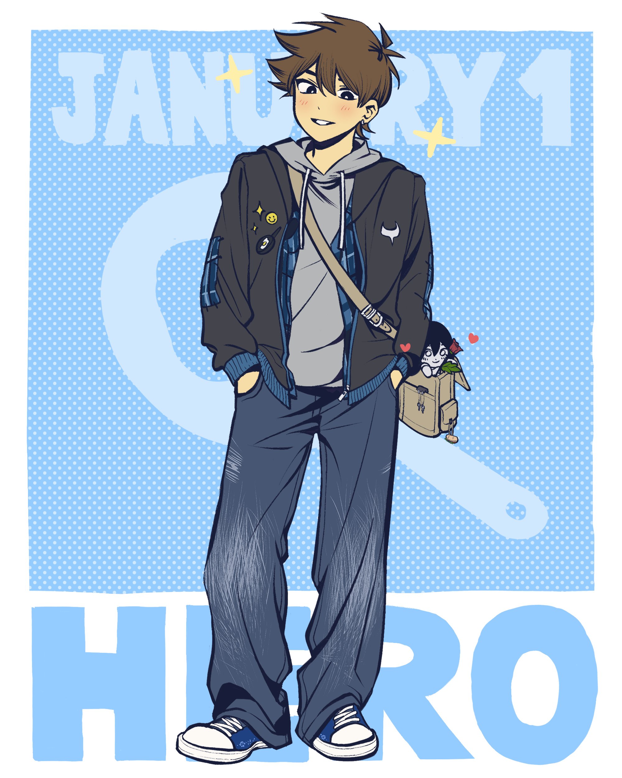 bu3hgg, hero (faraway) (omori), hero (omori), mari (omori), mari (spirit) (omori), omori, absurdres, commentary, english commentary, highres, 1boy, :d, antenna hair, bag, baggy pants, black eyes, black jacket, blue background, blue pants, blue shirt, blue shoes, blush, border, borrowed design, bright pupils, brown bag, brown hair, character doll, character name, denim, doll, double-parted bangs, drawstring, grey hoodie, grin, hair behind ear, hair between eyes, hands in pockets, heart, hood, hood down, hoodie, jacket, jeans, long sleeves, looking at viewer, male focus, open clothes, open jacket, open mouth, open shirt, outside border, pants, plaid clothes, plaid shirt, polka dot, polka dot background, puffy long sleeves, puffy sleeves, shirt, shoelaces, shoes, short hair, shoulder bag, smile, solo, sparkle, standing, very short hair, white border, white pupils