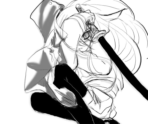 shana, shakugan no shana, 00s, monochrome, school uniform, serafuku, sketch, sword, thighhighs, weapon