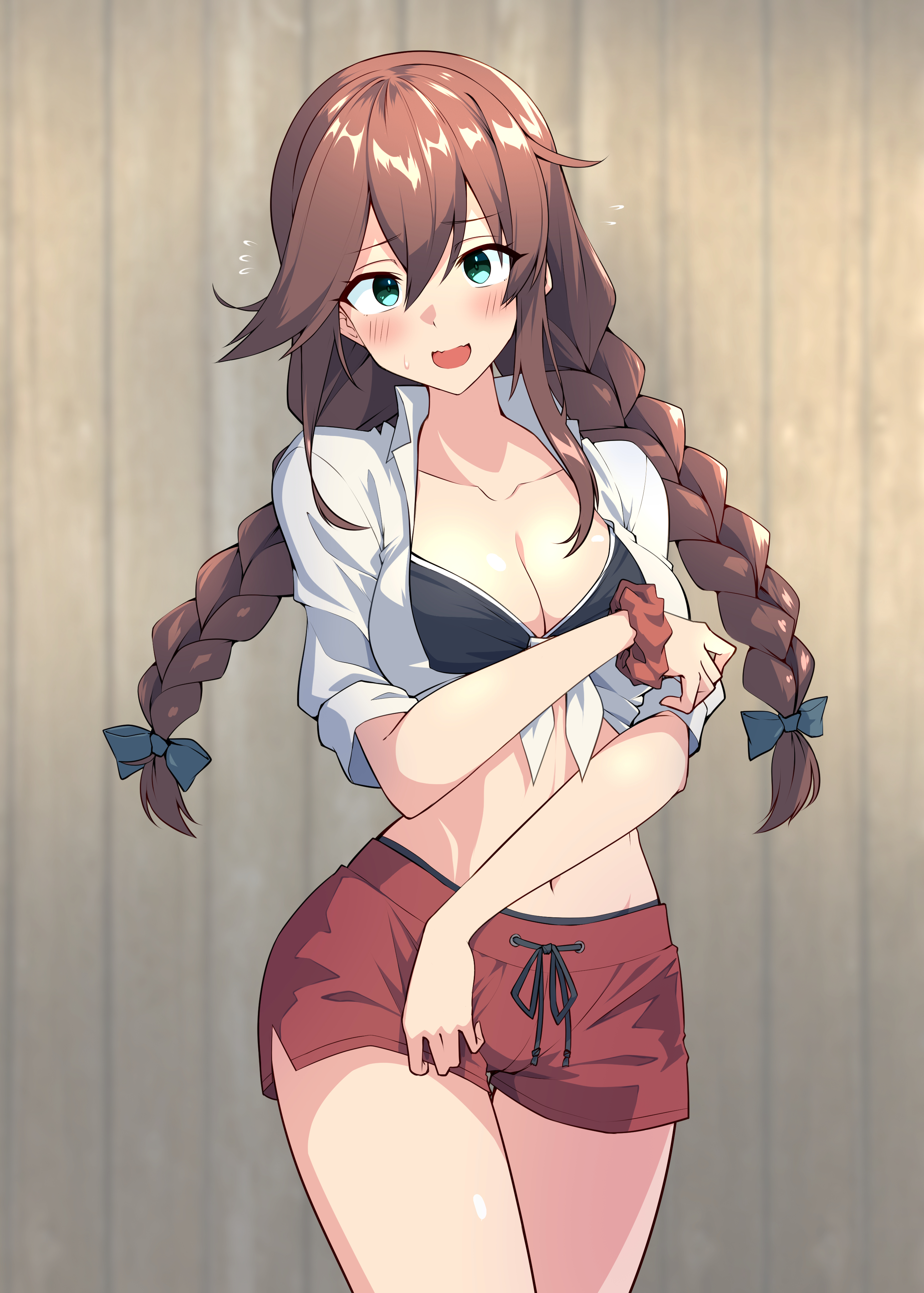 shiba (zudha), noshiro (kancolle), noshiro (swimsuit) (kancolle), kantai collection, absurdres, commentary request, highres, 1girl, bikini, bikini under clothes, black bikini, braid, breasts, brown hair, cleavage, collared shirt, cowboy shot, dress shirt, green eyes, long hair, medium breasts, navel, red scrunchie, red shorts, scrunchie, shirt, shorts, solo, swept bangs, swimsuit, tied shirt, twin braids, white shirt, wrist scrunchie