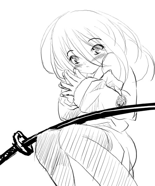alastor (shakugan no shana), shana, shakugan no shana, 00s, 1girl, female focus, greyscale, jewelry, monochrome, pendant, sketch, solo, sword, thighhighs, weapon